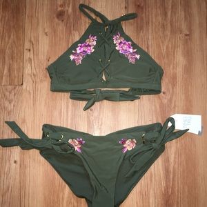 Army green floral bikini set